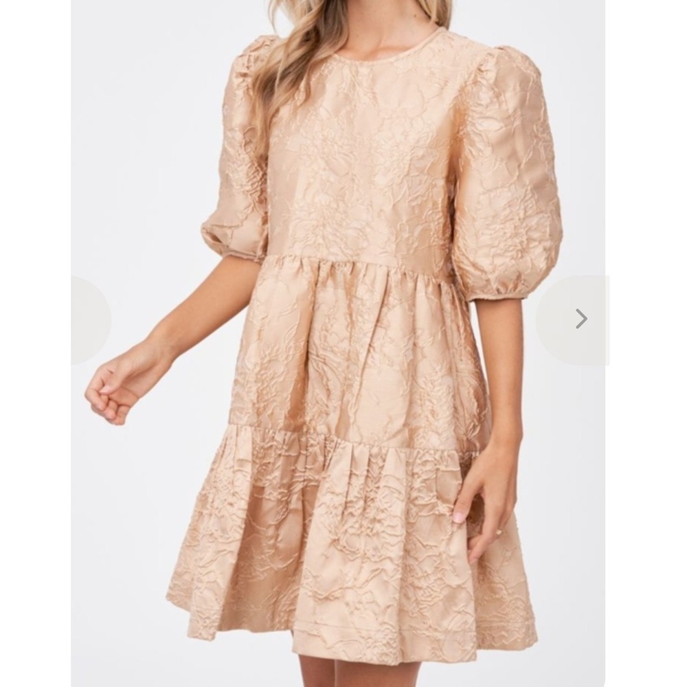 TUCKERNUCK En Saison Babydoll Dress Puff Sleeves Gold Texture Jacquard Mini Sz M